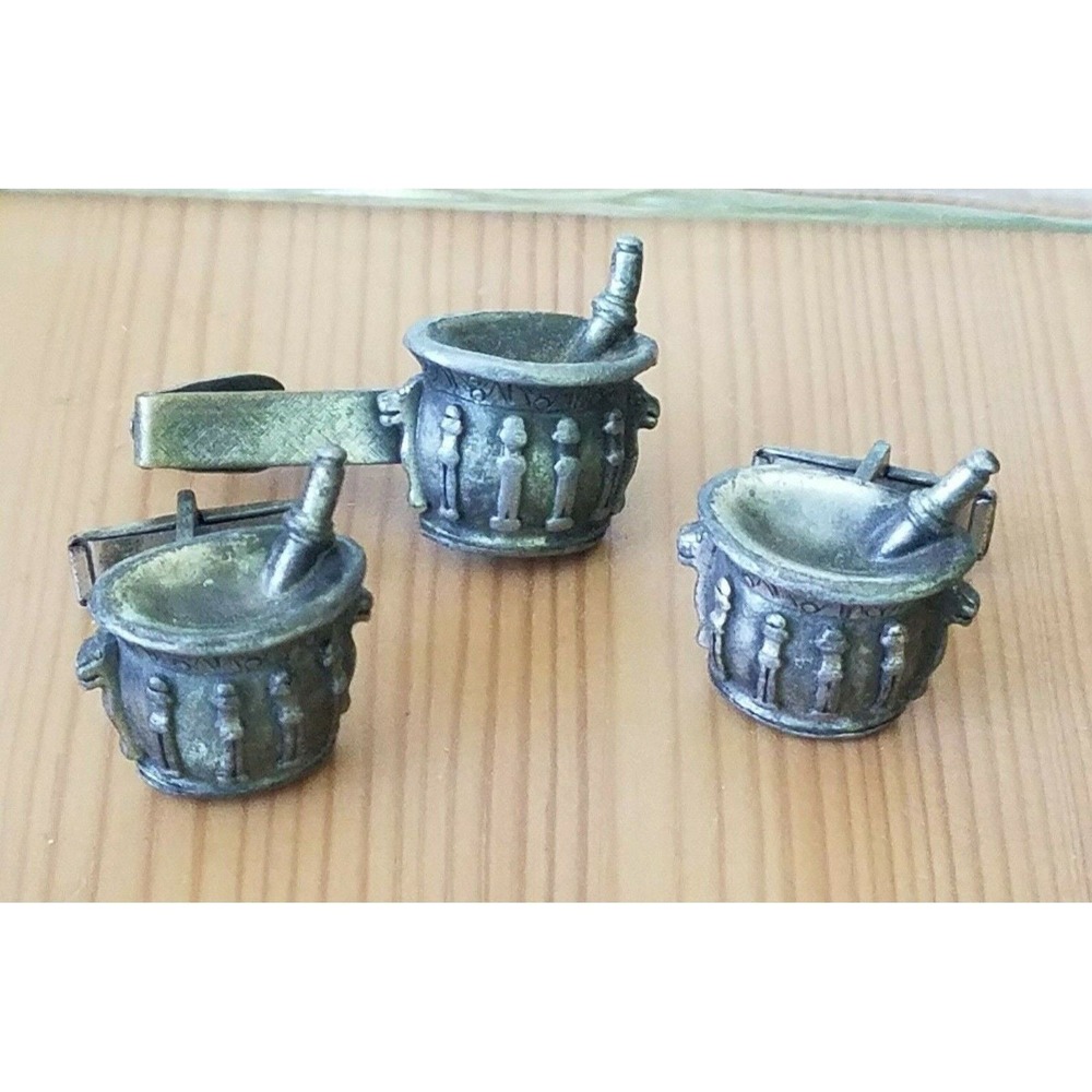 Vintage Merrell Mortar Pestle Pharmacist Cufflinks Tie Clip Set Silver Pewter